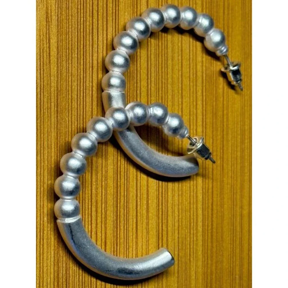 Sarah & Co Silver Tone Textured Bead Half Hoop Earrings Boho Statement Style New